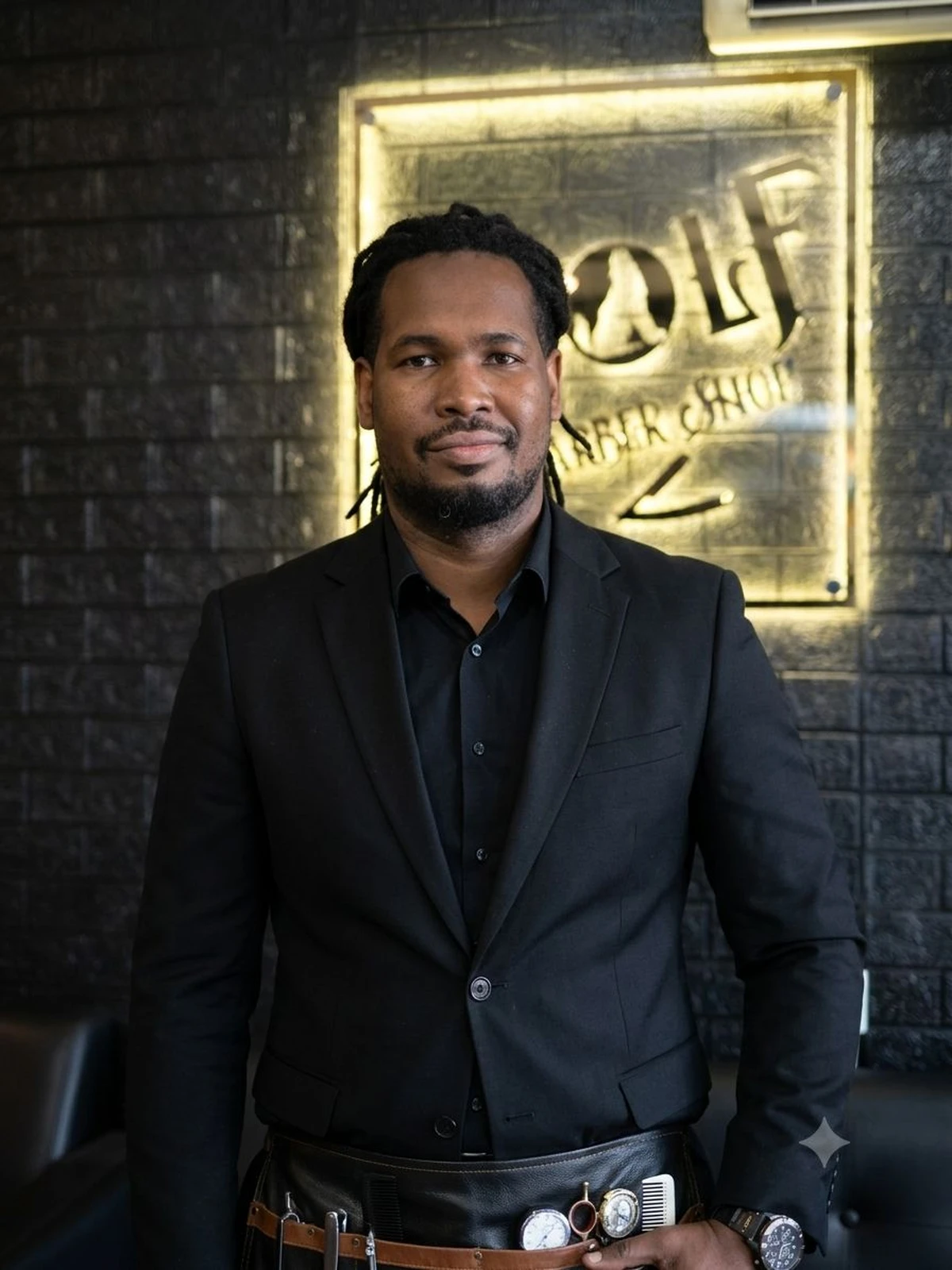 Weverton, fundador da Wolf Barbershop, em frente à fachada da barbearia em Serra, ES